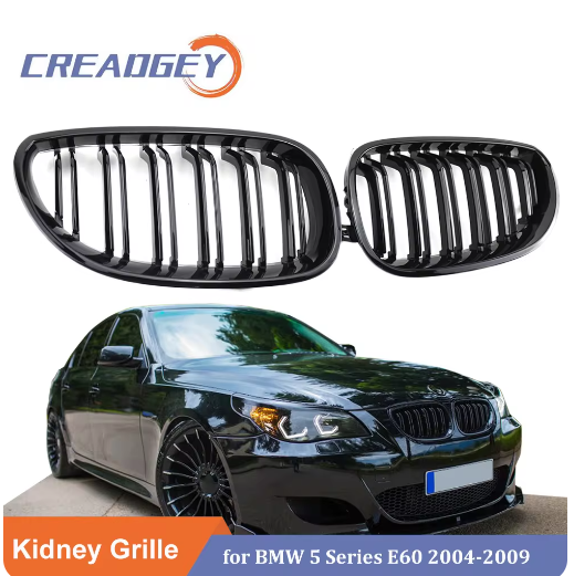 1 Pair Gloss Black Front Kidney Grill Double Slat 2 Line l for BMW E60 E61 5 Series M5 520I 535I 550I 2004-2009 Racing grilles