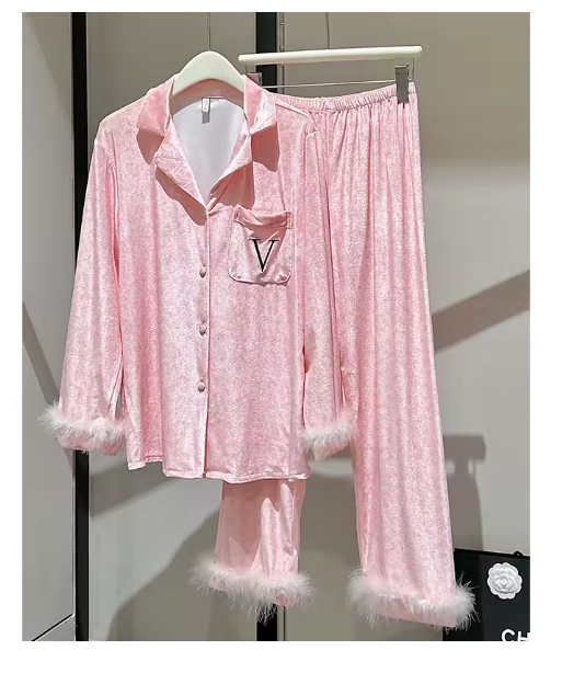 Winter Women's Pajamas Warm Homewear Luxury Leopard Top&pants Fashion Feather Sleeve Design Outfit 2Pcs Pyjamas Femme Nightwear