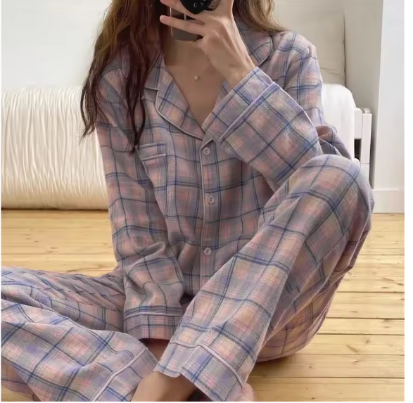 Women Spring Autumn Classic Plaid Pajamas Set Korean Sleepwear Long Sleeve Lapel Homewear Female Casual Loose Loungewear