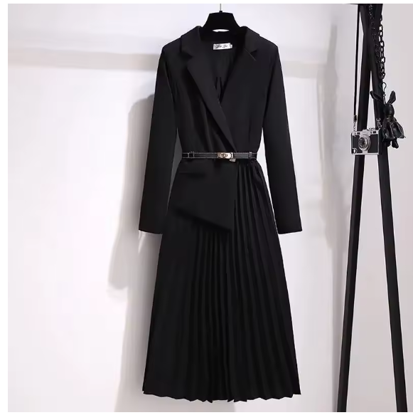Spring Autumn Women's Dresses 2025 New Fashion Suit Collar Stitching Fake Two-Piece Long Lady Office Dress Vestidos Clothing