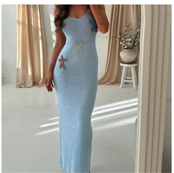 Star Pattern Knitted Sequins Long Dress Women Sleeveless O-neck Solid 2025 Summer Fashion Slim Dresses Vacation Party Vestidos