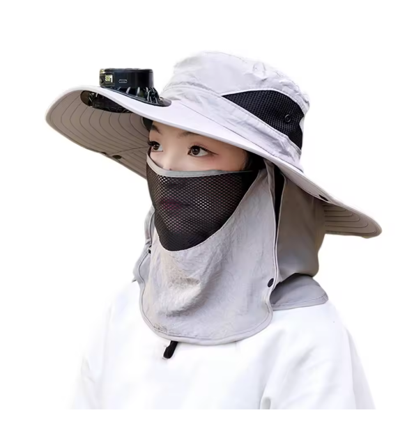Solar Fan Hat With Face Guard Neck Flap UPF 50+ UV Protection Hat With Solar Fan USB Summer Outdoor Fishing Wide Brim Bucket Cap