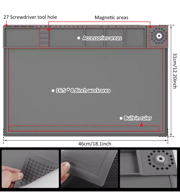 Silicone Repair Pad 932°F Heat-Resistant Soldering Mat Waterproof Electronic Repair Work Mat with Magnetic and Part Area