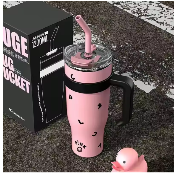 1200ML Giant Insulated Tumbler with Handle Straw Ice Retention Travel Mug for Car Office Outdoor Big Capacity Vacuum Flasks
