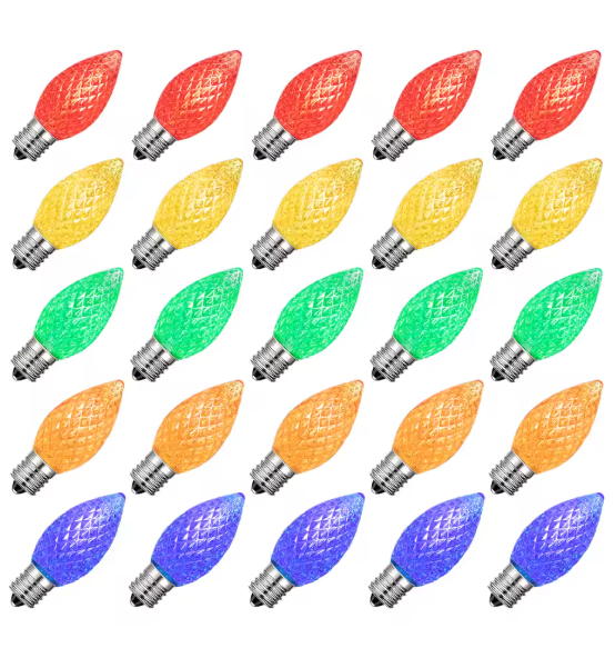 25PCS Shatterproo Faceted Candle Color Light Bulbs C7 Plastic Waterproof E12 Candelabra Base RGB Christmas Tree Decor LED Bulb