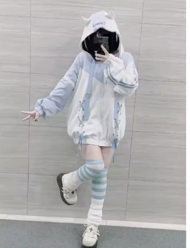 Girls Coats Subculture Japanese Blue White Autumn Hoodies with Hoodie Zipper Y2k Winter Women Kawaii Loose Trend Jackets