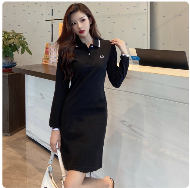 Women's long-sleeved polo shirt dress, new autumn style, loose fit, preppy style, summer casual sports embroidered lapel long dress.