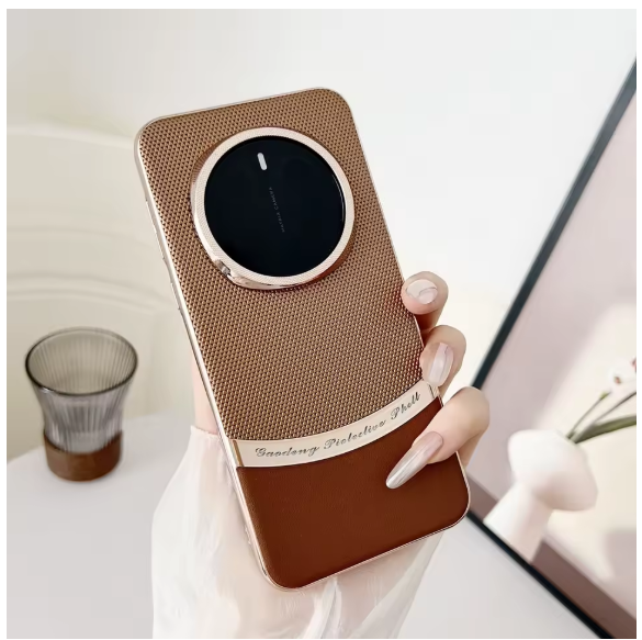Plain Leather Electroplated Golden Edge Aluminum Lens Raised Protection Case For Honor Magic 7 Pro magic7 Lens Protect Cover