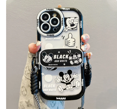 Luxury brand anime cartoon Disney Mickey Mouse case for iphone 15 12 13 11 14 Pro Mx Crossbody lanyard back splint protect Shell