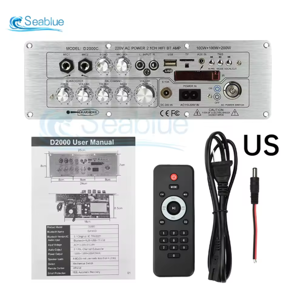 D2000 Bluetooth Amplifier Board DC 24V/AC 110-220V 2.1 Channel 100W+100W+200W High Power Output with BT5.1 AUX FM USB TF TWS