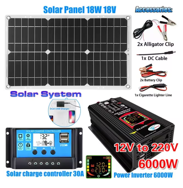 5000W Solar Panel Kit Modified Sine Wave 12V To 220V Solar Power System 18V Solar Panel+30A Charge Controlle Power Generation