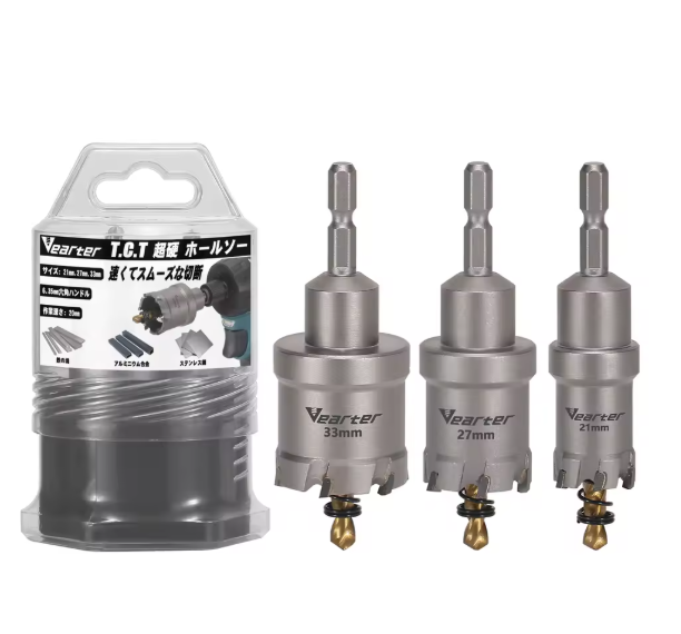 Vearter 3Pcs Carbide Hole Saw Set 21/27/33mm With 6.35mm Hex Shank For Aluminum Alloy Stainless Steel Iron Metal Drill Bit Kit