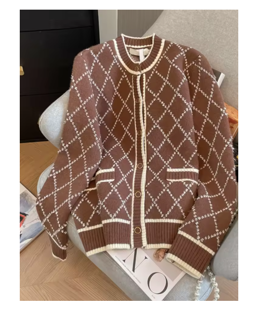 2024 Winter Vintage Single Breasted Sweater Women Knit Plaid Printting Jumpers Long Sleeve O-neck Loose Fashion Casual Cardigans