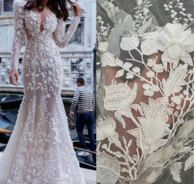 new arrival handmade 3D flower wedding gown dress lace fabric 130cm width ivory bridal lace sell by yard