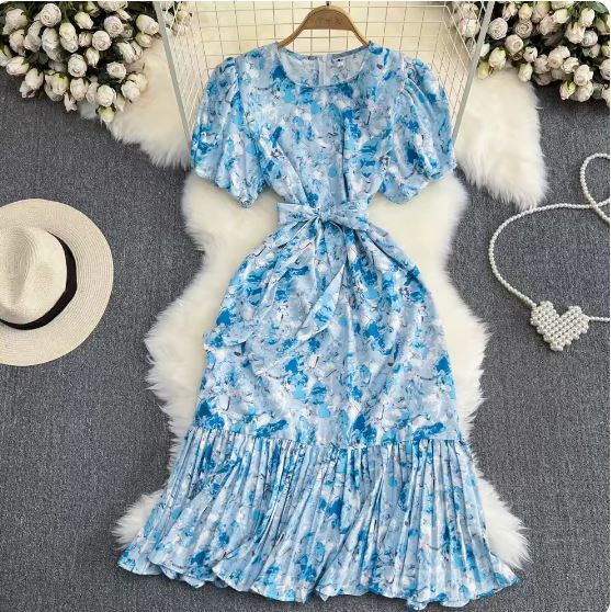 Gentle and fresh puff short-sleeved round neck waist slimming mid-length A-line ruffled floral dress for women