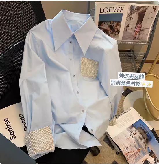 Lazy style blue shirt for women, spring and autumn design niche top, loose and chic stitching hot diamond jacket shirt