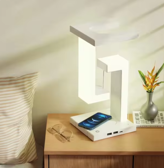 LED Suspending Anti-gravity Night Light with 10W Wireless Charger Desk Lamp Dimmable LED Table Lamp for Bedroom Bedside Decor