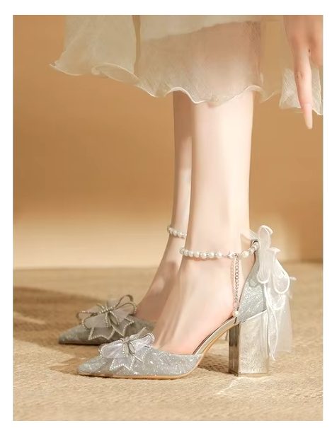 Spring Pointed Toe Party Woman Wedding Shoes Bride Bow Thick Heel Silver Sequin Fairy Lolita Style Single Shoes