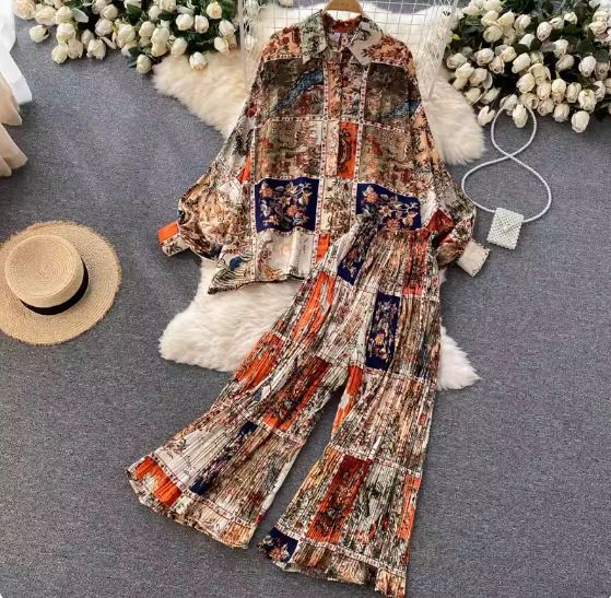 European and American Hong Kong style suits for women, summer wear, design, bat-sleeve shirts, women's loose, versatile, heavy-duty, pleated wide-leg pants, trendy