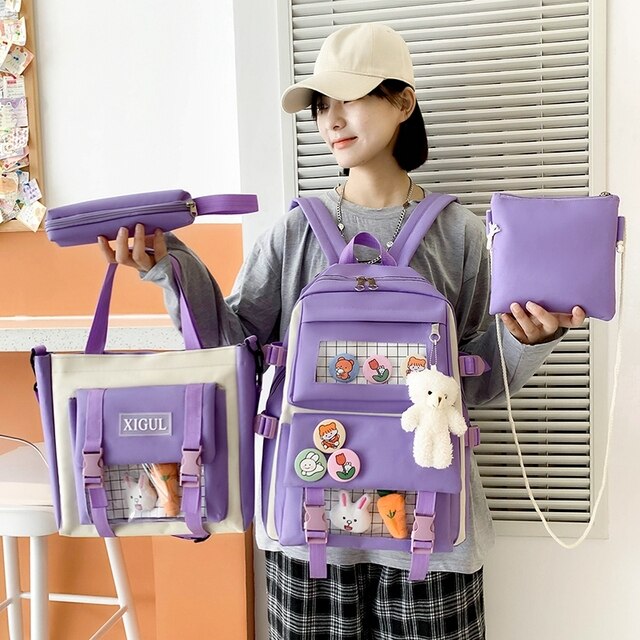 Backpack 4 Piece Set High School Backpack Bags for Teenage Girl 2021 Canvas Fashion Travel Women Bookbags Teen Student Schoolbag