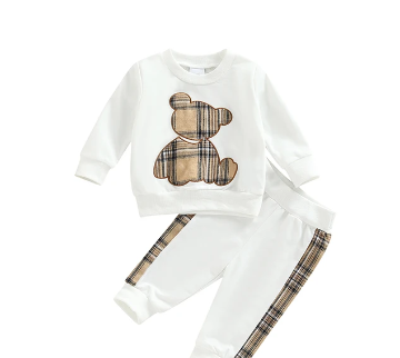 0-24M Baby Girls Autumn Clothes Newborn Toddler Long Sleeve Plaid Bear Pattern Tops Sweatshirt Pants Outfits Tracksuits