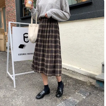 Plaid Skirts Women Retro Midi Loose Teenagers Elastic Waist Leisure All-match Autumn Soft Fashion Korean Style Females Daily New