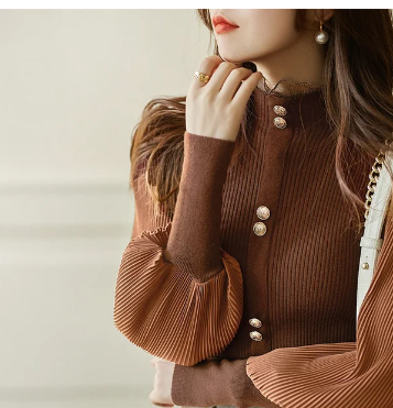 Spring Autumn Women Long Puff Sleeve Sweater Brief Mock Neck