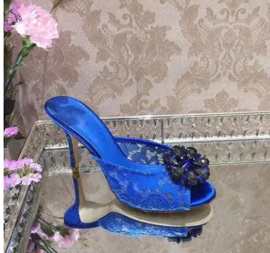 Summer Purple Blue Lace Floral Crystal Rhinestone Shallow Slippers Women Peep Toe 6 9 CM Thin High Heel Side Bride Wedding Shoes