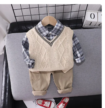 Spring Fashion Kids Cotton Clothes Baby Boys Girls Sweater Vest Plaid Shirts Pants 3Pcs/sets Pocket Children Toddler Tracksuits