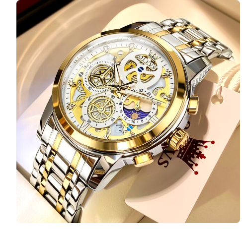 OLEVS Men's Watches Top Brand Luxury Original Waterproof Quartz Watch for Man Gold Skeleton Style 24 Hour Day Night New