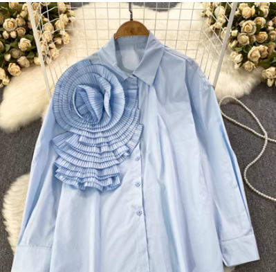 Spring and autumn fashionable long-sleeved sweet pleated fungus edge stitching three-dimensional large flower loose shirt women's casual top