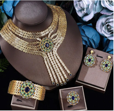 Nigeria Bridal Zirconia For Women Party Luxury Dubai Necklace Bracelet Earringa Rings CZ Crystal Wedding Jewelry Sets