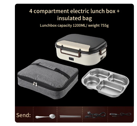 Stainless Steel Food Insulation Bento Lunch Box Electric Heated Lunch Boxes Home Car Keep Warm Lunch Box 1.2L, 12V/220V