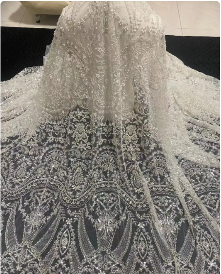 New high-end soft mesh French lace fabric, ivory white bead tube sequin wedding bead embroidery dress fabric/5 yards