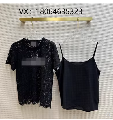 2023 spring and summer new round neck see-through hollow lace inner strap short-sleeved T-shirt two-piece set