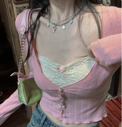 French Girl V-neck Fake Two-Piece Stitching Lace Inner Knitted Cardigan T-shirt Women's Bottoming Short Top Autumn футболка