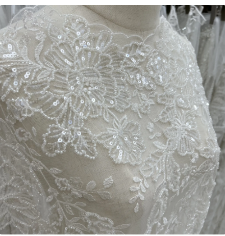 Exquisite Sequins Beads Embroidery High-Grade Wedding Evening Dress Lace Fabrics Customized Skirt Fabrics