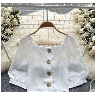 2023 summer Korean version of ins fashion puff sleeve shirt female design sense niche single-breasted short square collar top