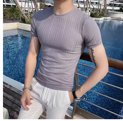 Summer thin section men's short-sleeved t-shirt slim ice silk bottoming shirt casual tight striped high-end ice sense men's top