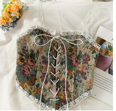 Retro drawstring bow tie with floral apron small vest female 2023 autumn and winter lace splicing inner camisole