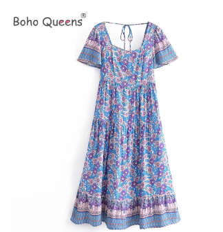 Boho Queens Women Floral Print Square Collar Short Sleeve Bohemian Midi Dress Ladies Lace-up Happie Dresses Robe Vestidos