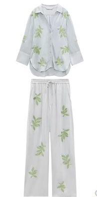 ZA summer new leaf embroidery decorative shirt 4786245 elastic high waist wide leg pants female 4786247