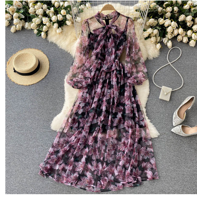 Blossom series elegant dress niche hot style light chiffon fairy air elegant holiday dress autumn goddess fan