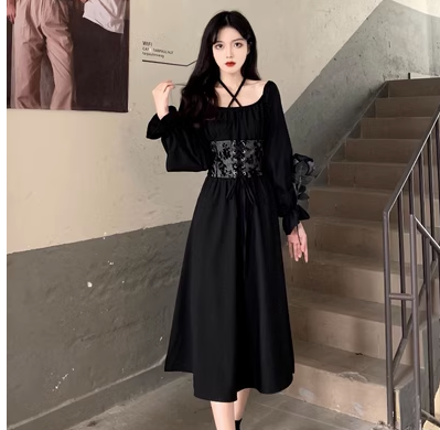 Yamamoto style waist seal little black dress women's autumn new fat MM slim knee-length skirt large size long-sleeved dress