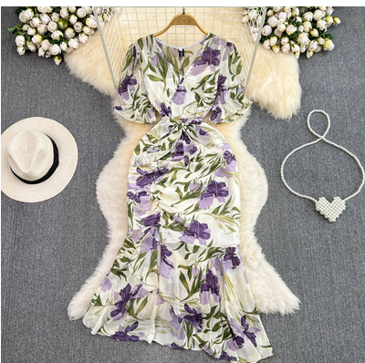 French Tea Break Floral Dress Retro Puff Sleeve V-neck Waist Slimming Wrinkled A-Line Package Hip Mermaid Chiffon Dress