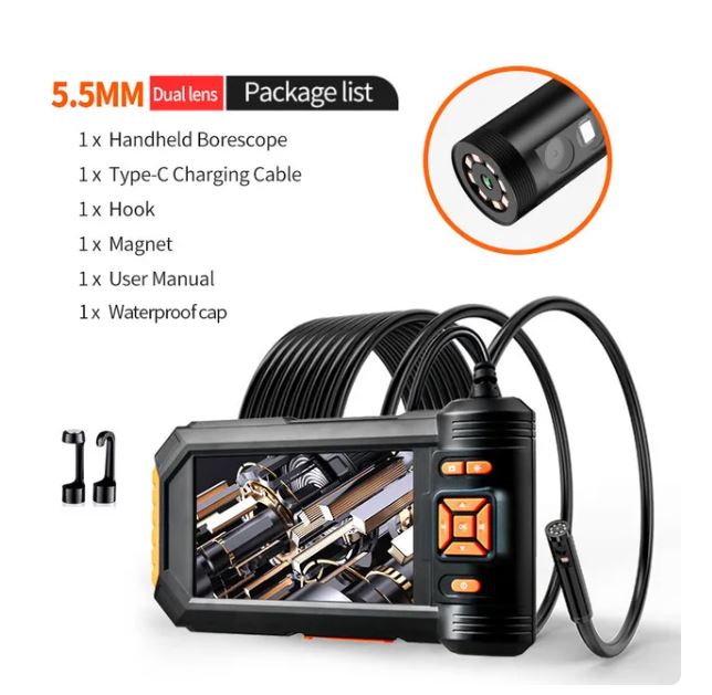 5.5mm Dual lens LCD Endoscope Camera 5" IPS Screen Inspection Camera IP67 Waterproof with 8 LED Lights for Automotive HVAC Drain