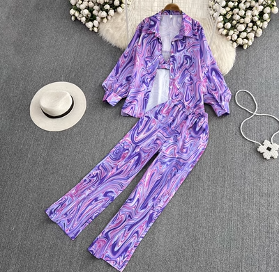 Fashion Suit Casual Temperament Oil Painting Printed Long-sleeved Shirt Three-piece Camisole High Waist Straight Leg Wide Leg Pants