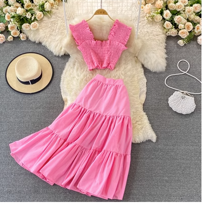 Mid-length knee-length high-waist slimming cake skirt two-piece suit fashion western style short crop top