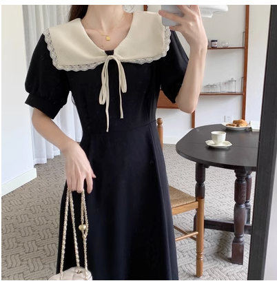 Large size Hepburn style doll collar dress women's summer high-end retro skirt fat mm cover belly and look thin A-line skirt