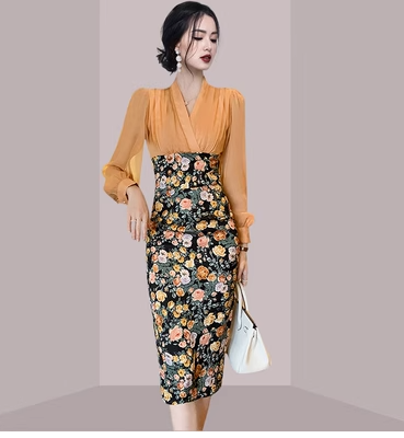 Floral dress Yujie light familiar style French style early autumn light luxury women's high-end skirt slim waist mid-length